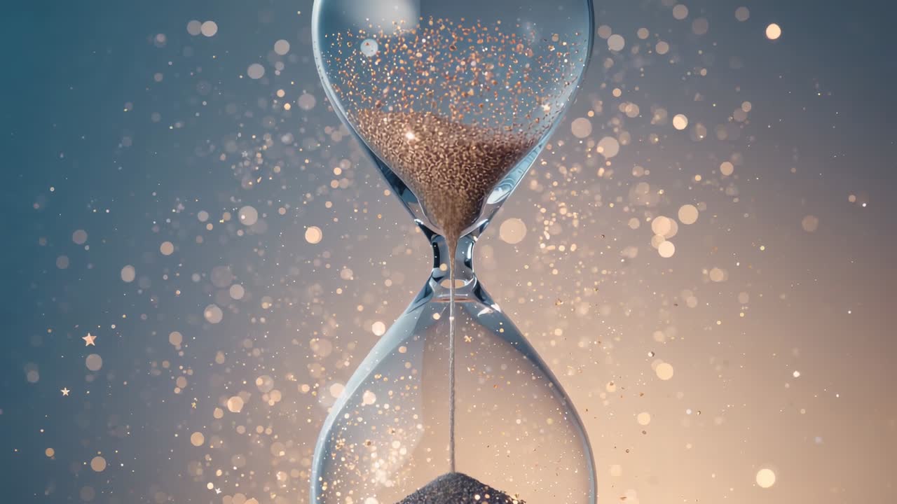 Flipping glass hourglass starting sand flowing at studio, showing time passing with bokeh lights