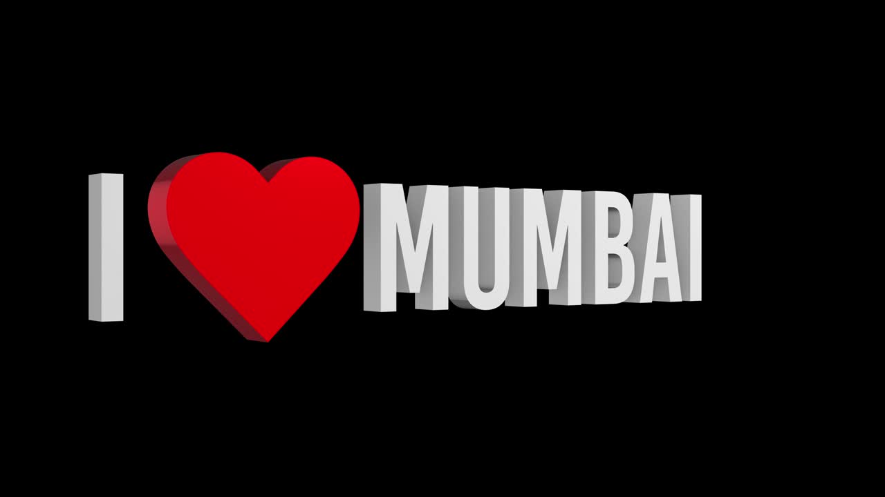Mumbai'yi seviyorum. Metin ve kalp 3 boyutlu. Alfa kanalı