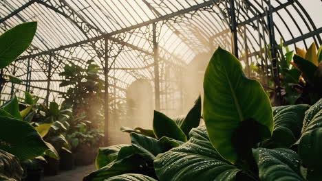 lush greenhouse plants bathed in misty sunlight