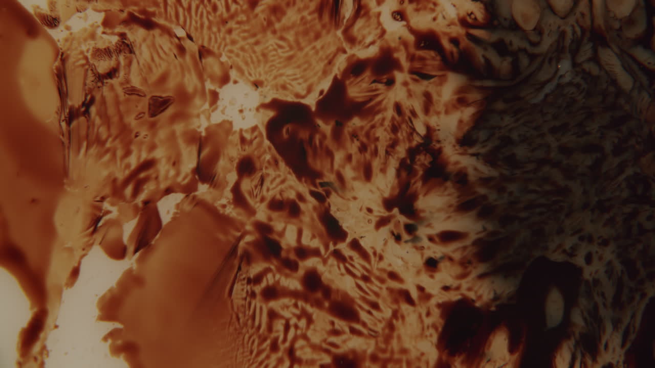 líquido âmbar se expandindo sobre um fundo branco formando formas e padrões hipnotizantes