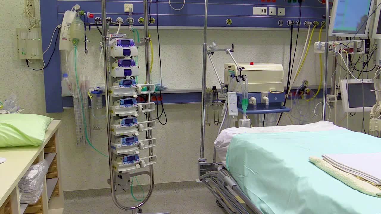 view of an empty modern emergency room in a hospital. emergency intensive care room with equipment and bed. ER, ICU room fully equiped.