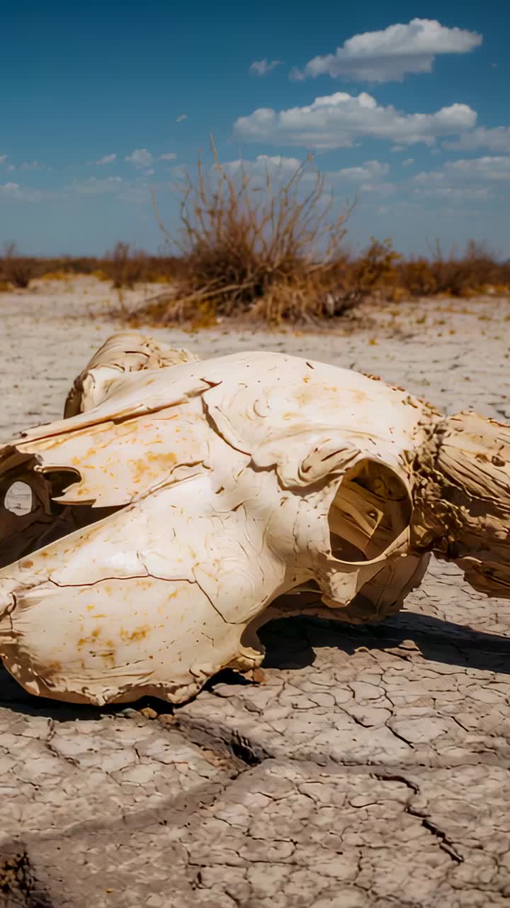Vertical video: Panning camera revealing bleached animal skull on cracked clay showing dryness