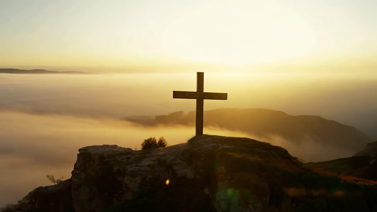 Cruz de Madeira no Topo da Montanha ao Nascer do Sol/Pôr do Sol
