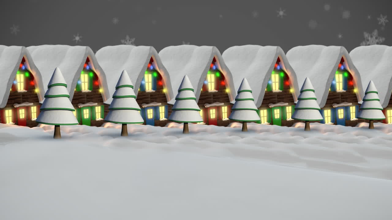 요정의 불빛으로 집 위에 내리는 눈의 애니메이션