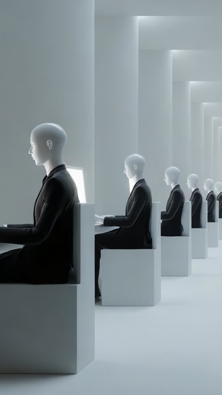 Ambiente di lavoro futuristico con manichini realistici seduti a scrivanie moderne illuminate da una luce soffusa in uno spazio minimalista