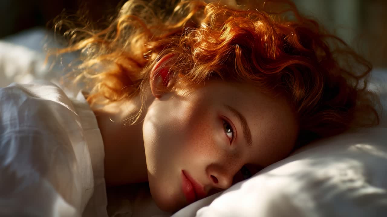 A Serene Moment: Captivating Scenes of a Dreamy Young Woman with Fiery Red Hair, Immersed in Soft Natural Light, Showcasing Peace and Beauty in a Cozy Bedroom Environment