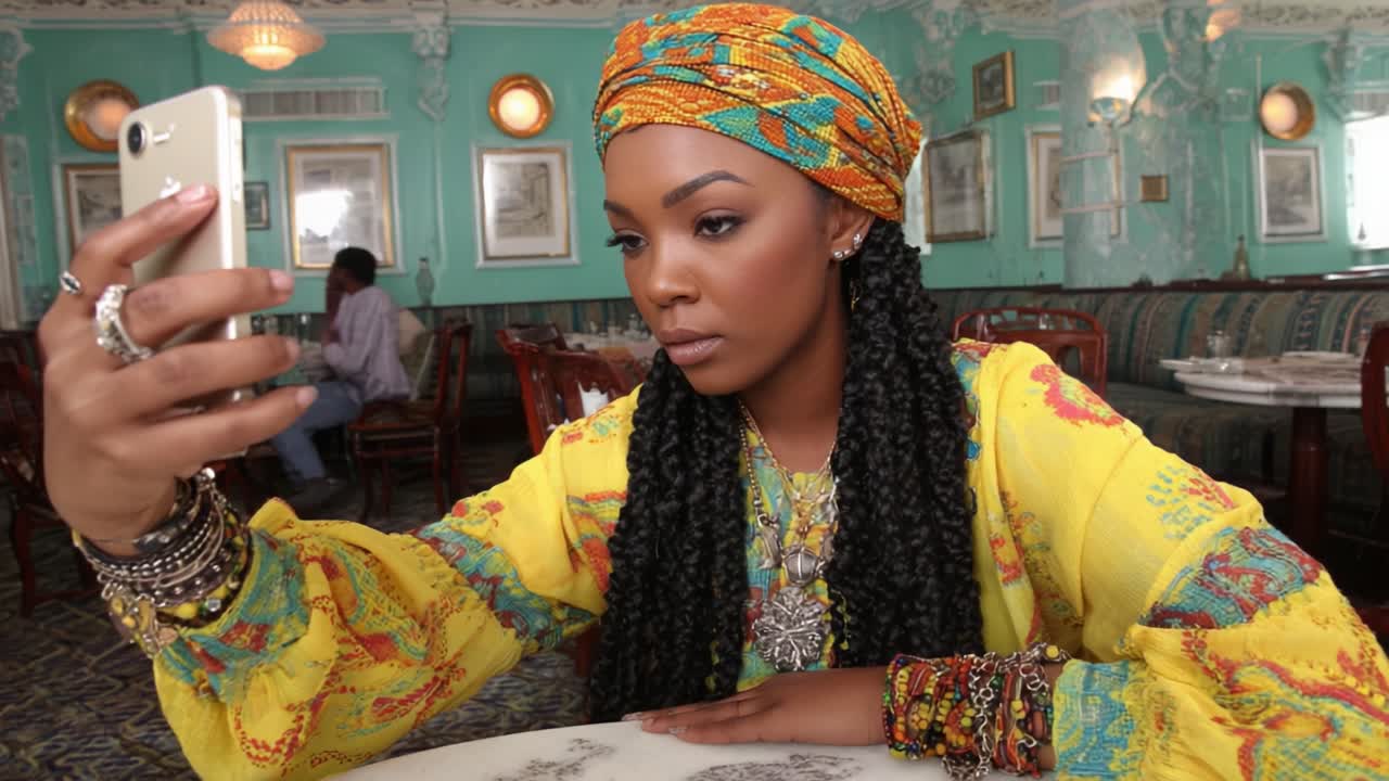 A Stylish Woman in a Vibrant Yellow Outfit Takes a Selfie in a Charming Restaurant, Highlighting Bold Accessories and Unique Headwear in a Quaint Setting