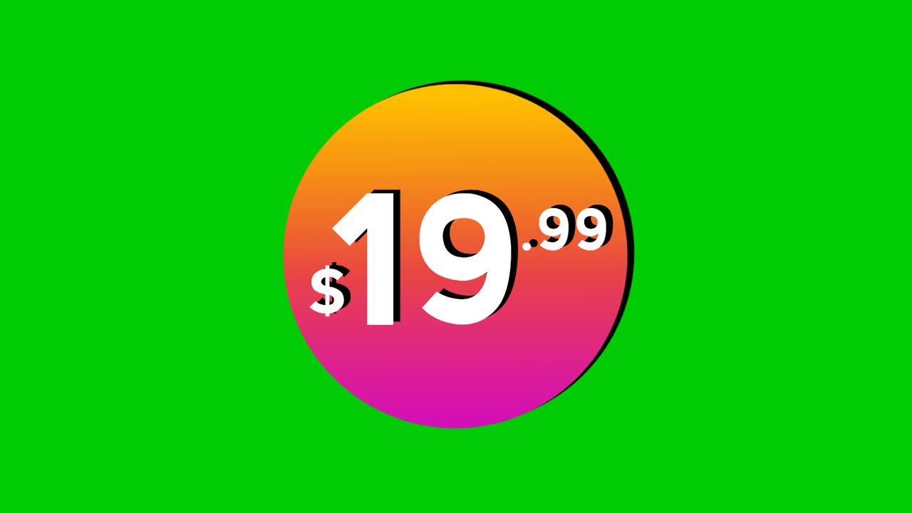 Animazione del cartellino prezzo $19,99 dollari in grafiche in movimento circolari e colorate su sfondo green screen. Perfetto per annunci, e-commerce, vendita al dettaglio, sconti e come elemento video per concetti di business promozionali.
