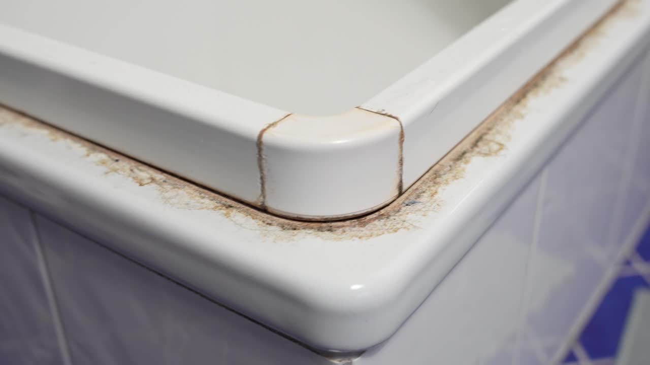 Close-up along a shower tray rim showing dirty caulk, brown staining, and peeling sealant near a corner, highlighting moisture damage and bathroom repair needs