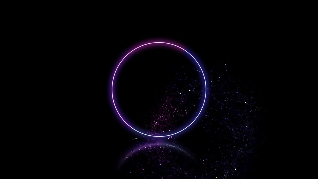 círculo de neón girando y brillando sobre el fondo negro.