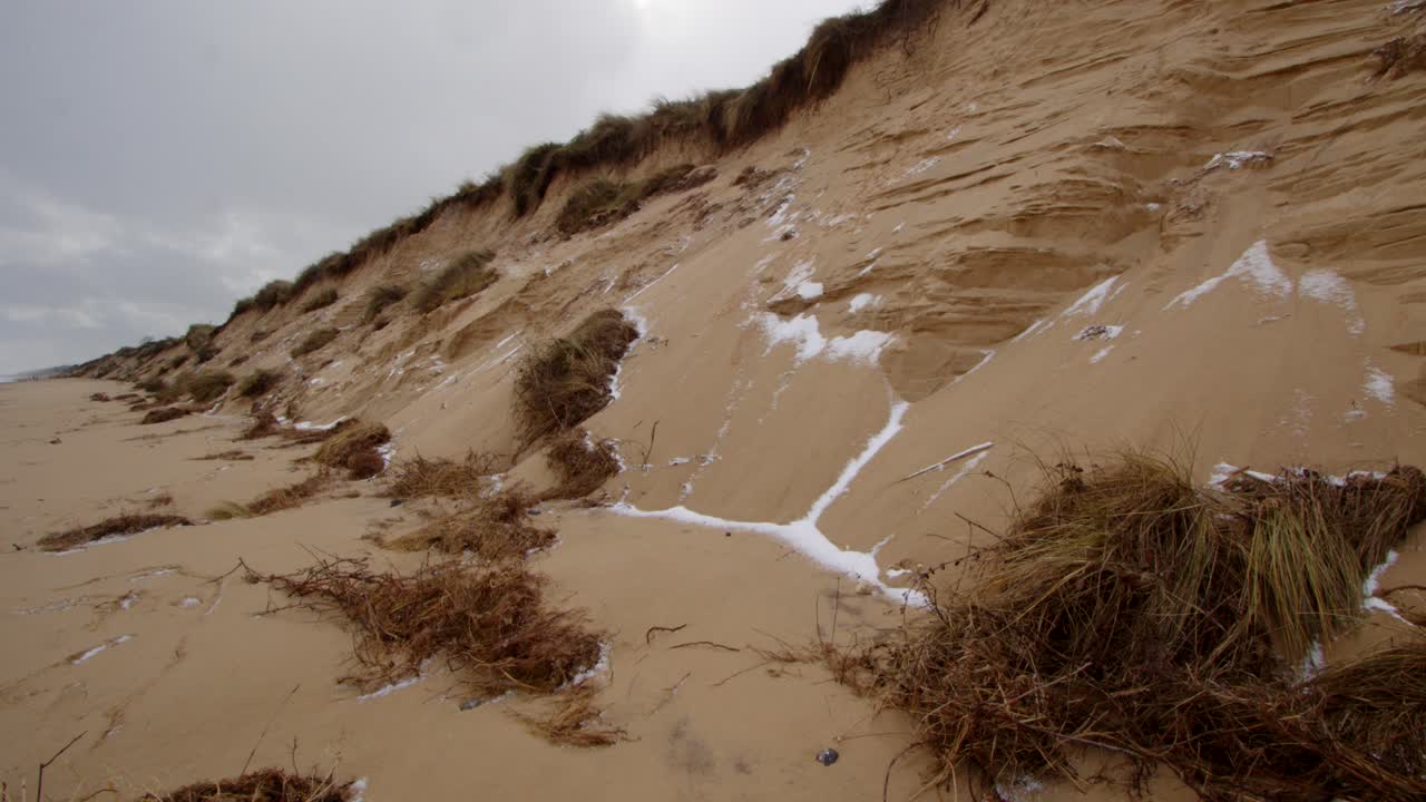erosión costera de sandunes con nieve en la playa de hemsby, plano general
