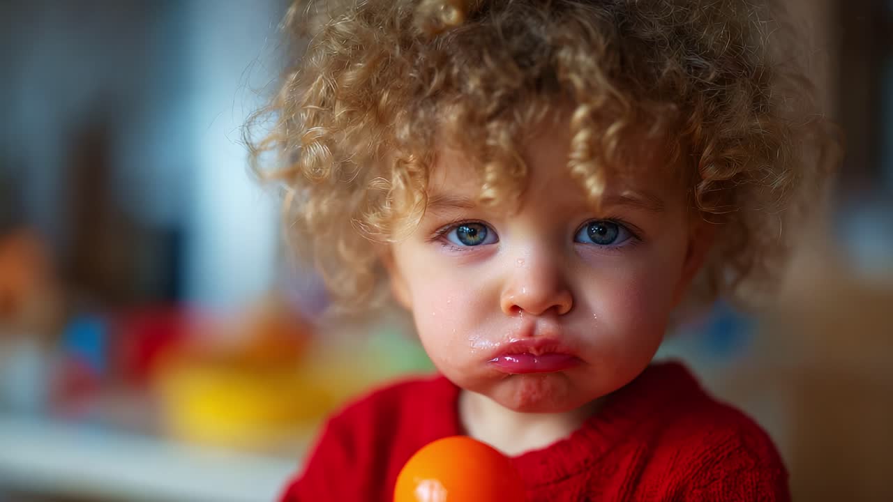 Primo piano accattivante di un bambino carino con i capelli ricci che esprime emozioni mentre tiene in mano un giocattolo arancione, in una stanza dei giochi decorata con colori vivaci