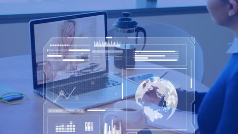 animation of data processing and diagrams over caucasian colleagues having video call