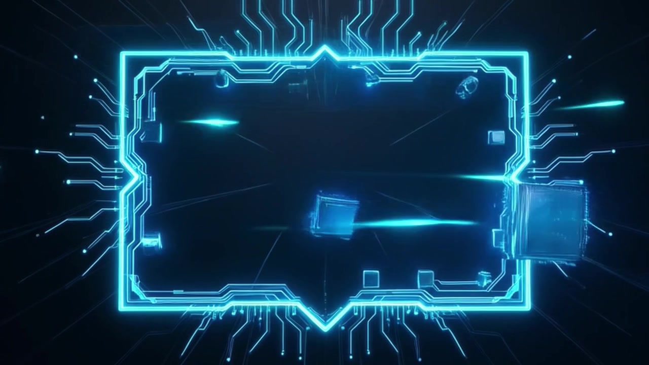 Glowing Blue Digital Circuit Board Frame with Floating Tech Elements