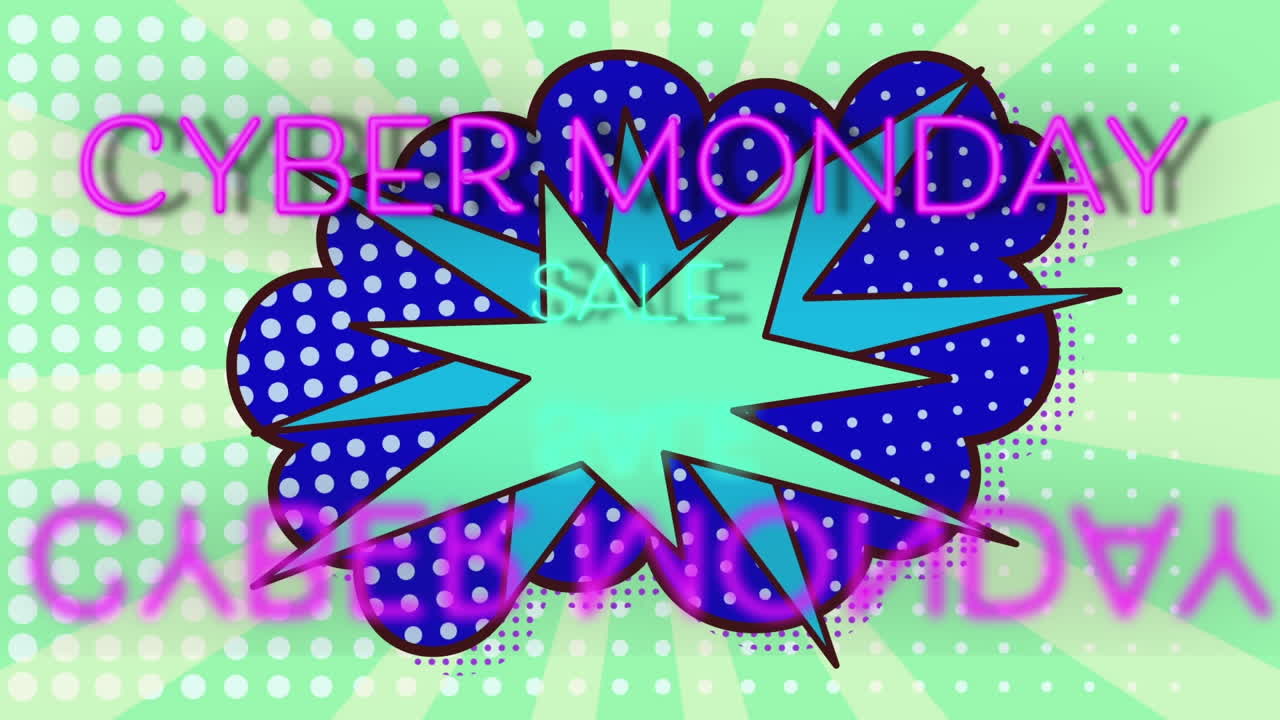 사이버 월요일 판매의 애니메이션 녹색 배경에 레트로 연설 거품 위의 텍스트