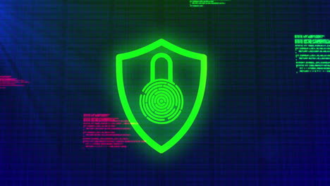 animation of biometric fingerprint and shield with digital data processing over computer servers