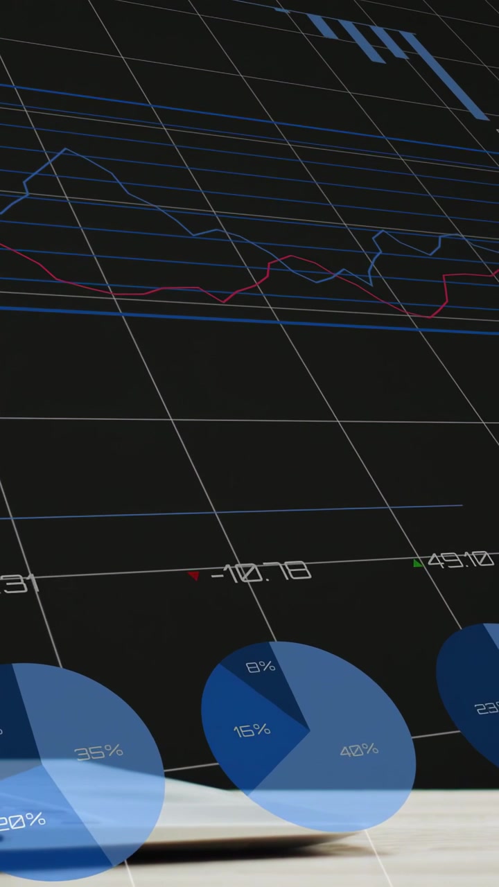 Vertical video: On play starting camera panning across dark grid dashboard, revealing data charts