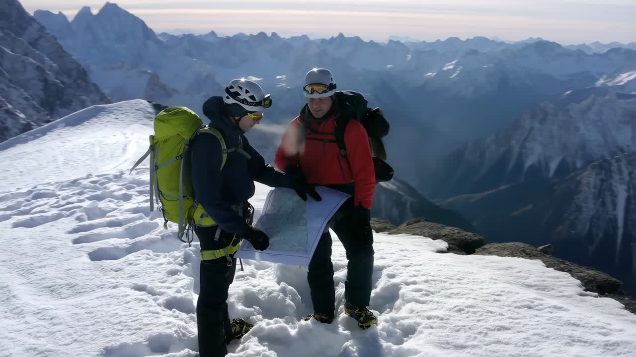 Two mountaineers navigating with a map on a snowy mountain peak
