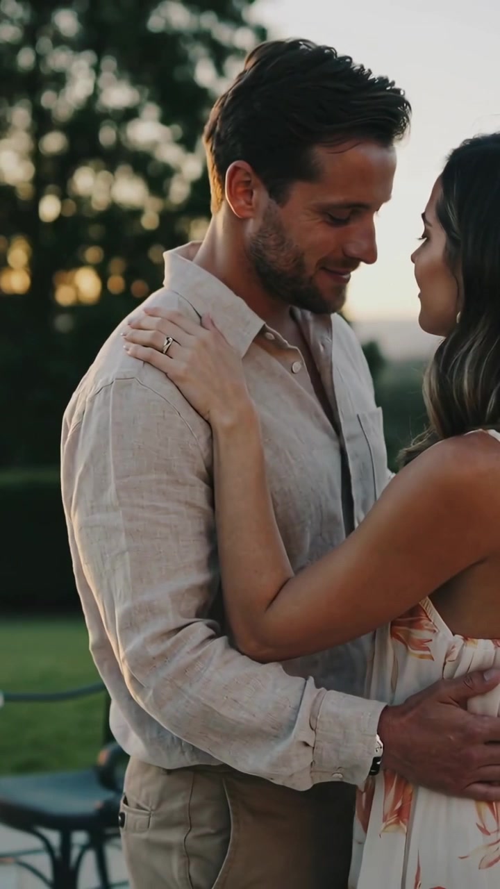 Video vertical: Pareja cruzando miradas y abrazándose con cariño en un patio al atardecer, con un vestido de verano.