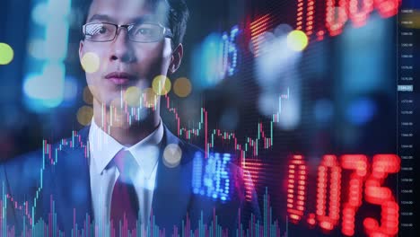 empresario inteligente asiático escribiendo datos financieros gráfico de bolsas futurista, inversor de negocios mercado de bolsa y criptomoneda ideas de tecnología digital fondo