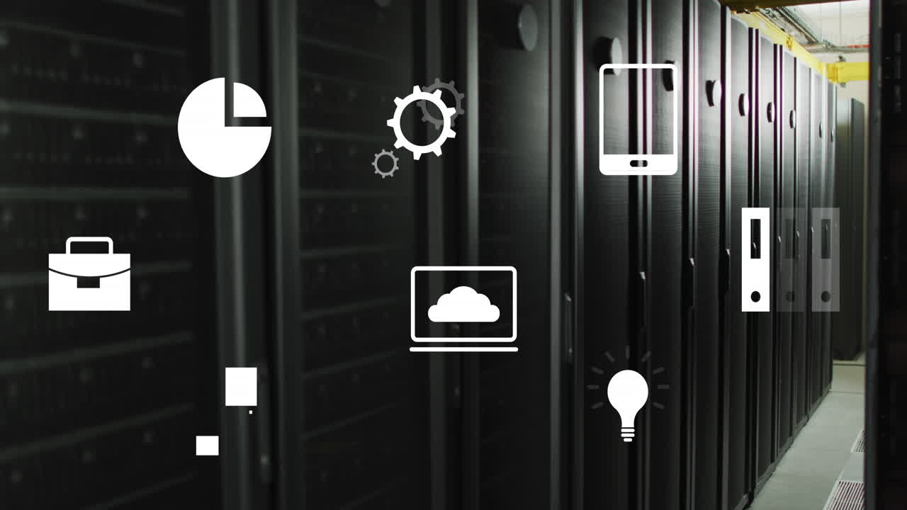 Animation of multiple digital icons floating against computer server room
