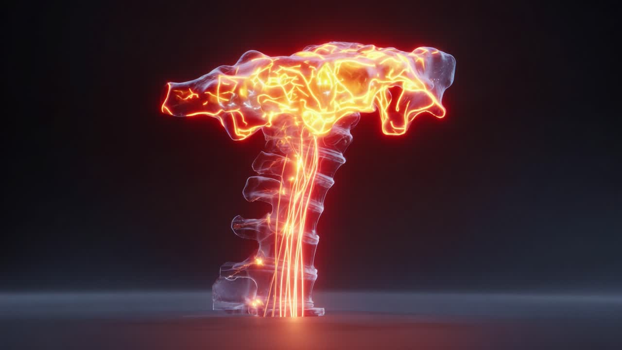 Translucent Structure of a Spine with Emanating Energy, Showcasing Luminescent Elements and Fluid Dynamics in a Visual Exploration of Human Anatomy and Biomechanics