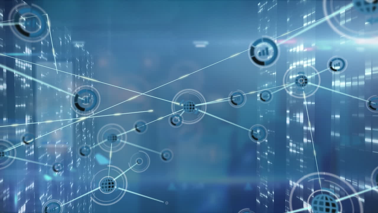 animación de una red de iconos digitales sobre pantallas con cuadrados de mosaico contra un fondo azul