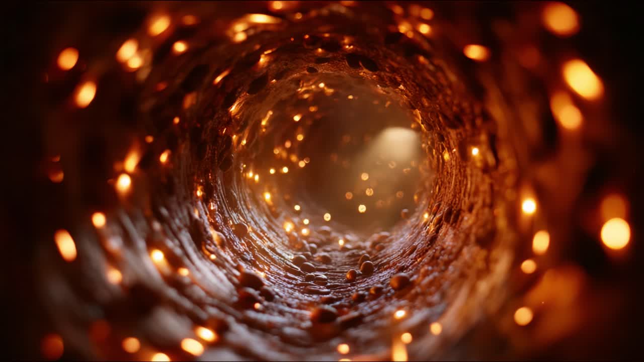 Una vista ipnotica di particelle luminose che illuminano l'interno di un tunnel cilindrico, creando un'atmosfera incantevole e vivace di luce e texture