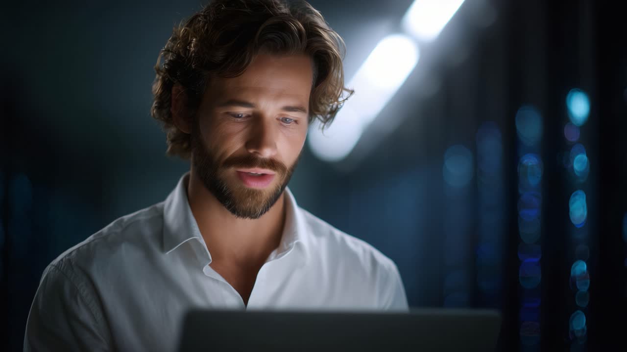 Engaged Professional Reviews Data on Laptop while Surrounded by High-Tech Digital Environment, Emphasizing Focus and Connection in Modern Workspace