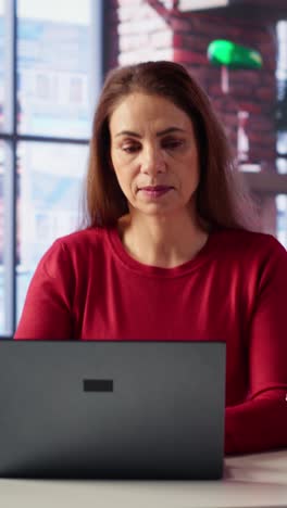 vertical video mature girl freelancer managing her creative projects remotely in loft