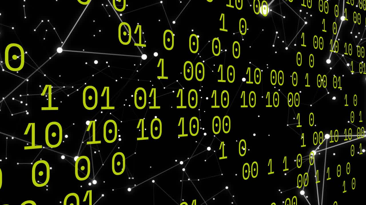 On scene start lime-green digits floating and shifting to show data flow, red sweep passing