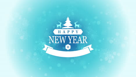 Feliz-Año-Nuevo-Con-Ciervos,-árboles-Y-Cintas-En-Degradado-Azul