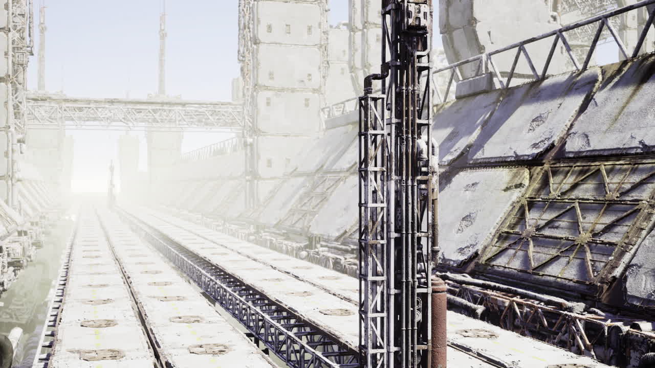 Abandoned industrial area with overgrown tracks and misty surroundings