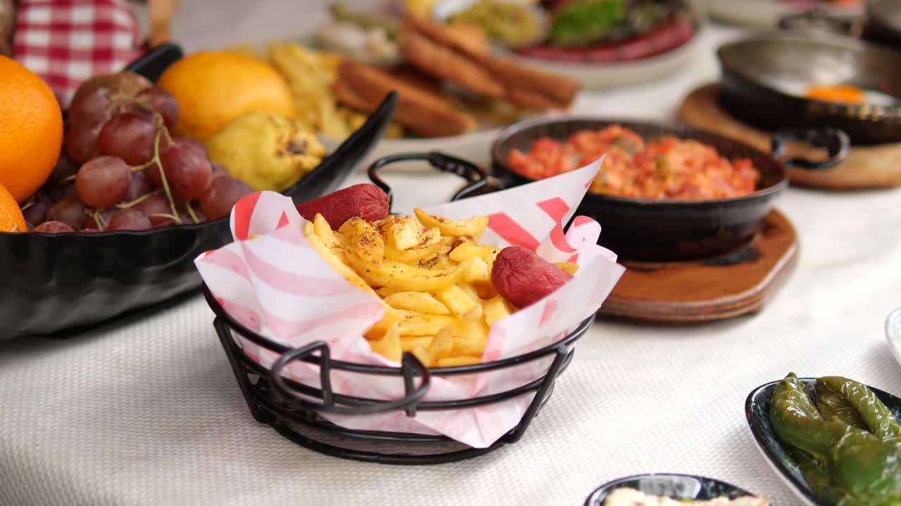 Turkish Breakfast Buffet with French Fries and Sausage