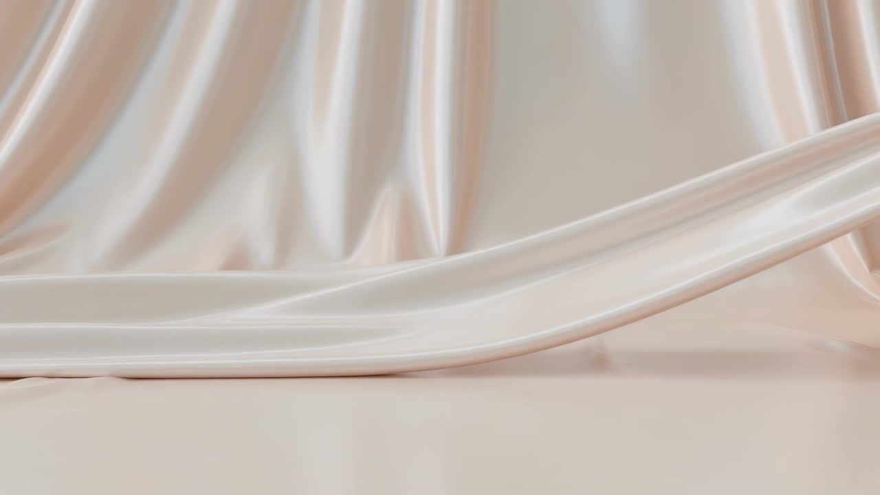 Rippling pale satin fabric sliding across stage from gentle breeze, backdrop showing highlights
