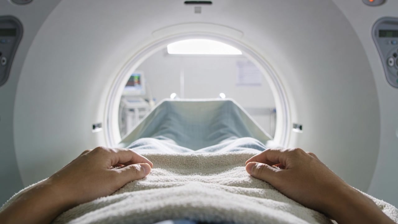 Pannello che avvia il tavolo motorizzato, paziente in camice sotto una coperta che scivola nel portale della TAC in clinica per l'imaging.