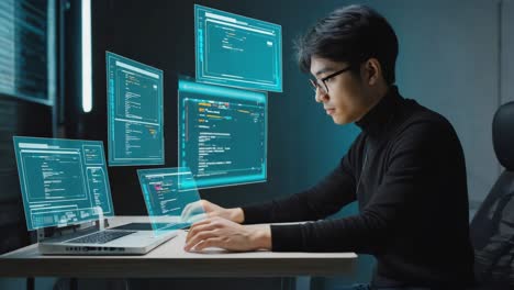 man working with futuristic holographic displays and laptop