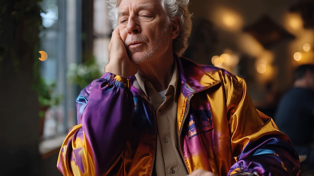 Un uomo si riposa la mano sul mento, occhi chiusi, perso nei pensieri. Indossa una giacca colorata e vivace, con audaci sfumature di viola e oro. Si appoggia a un tavolo, silenzioso, pensieroso, in un caffè scarsamente illuminato.