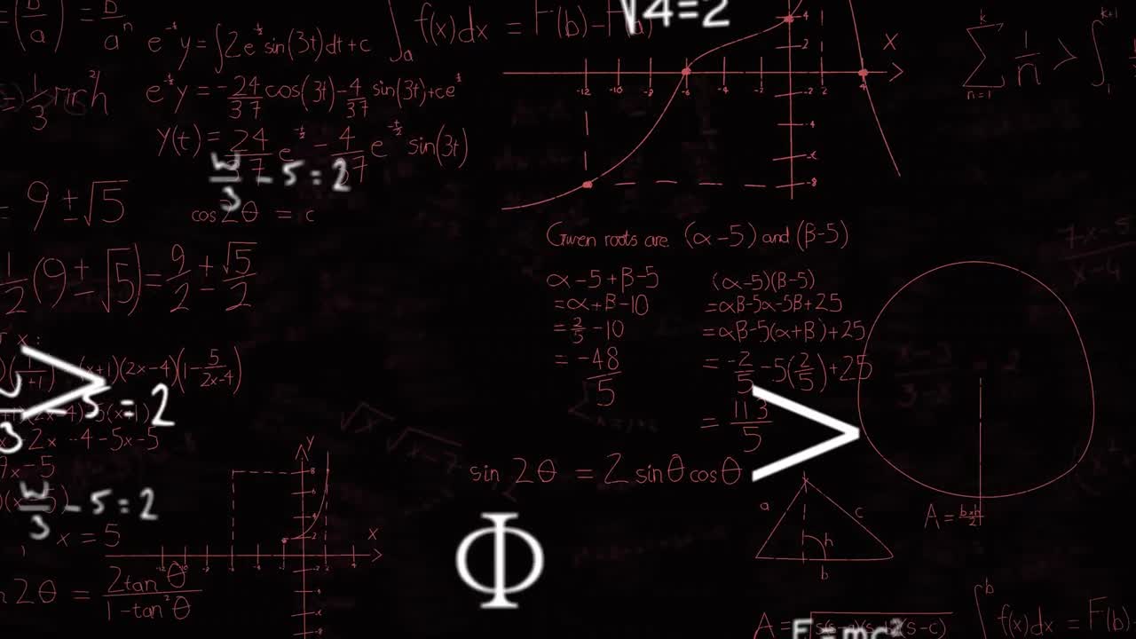 animación de ecuaciones matemáticas, fórmulas y símbolos flotando contra un fondo negro