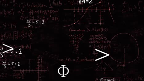 Animation-of-mathematical-equations,-formulas-and-symbols-floating-against-black-background