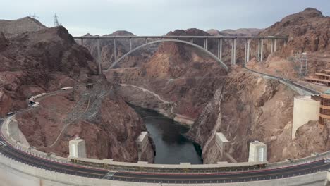 aerial view of the hoover dam and the mike o'callaghan–pat tillman memorial bridge