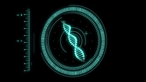 Animation of data processing with scope scanning and dna strand on black background