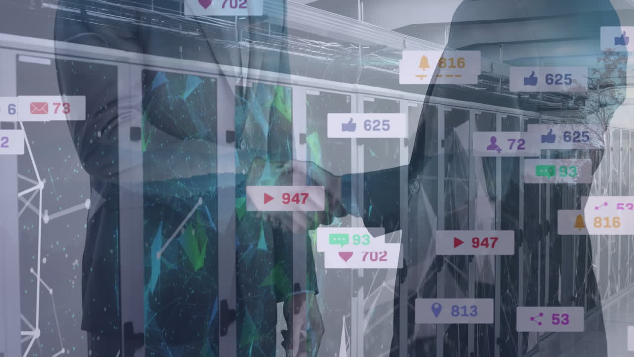 소셜 미디어 아이콘과 컴퓨터 서버에서 사업가의 악수 애니메이션