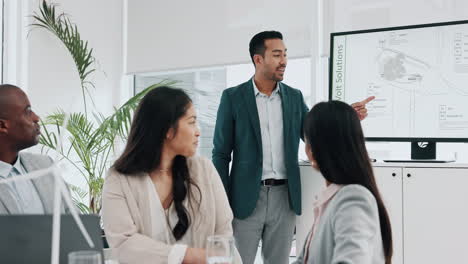 Business-man,-windmill-and-screen-with-speech