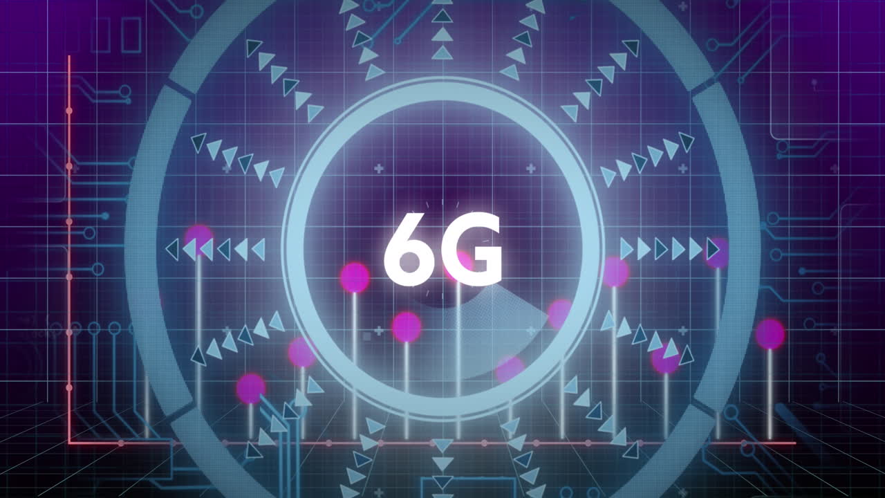 데이터 처리 및 마이크로 프로세서 연결에 대항하여 둥근 스캐너를 통해 6g 텍스트의 애니메이션