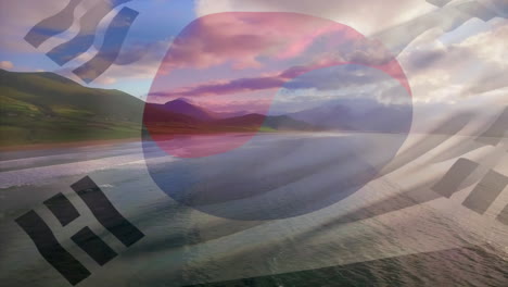 animación de la bandera de corea soplando sobre el paisaje marítimo