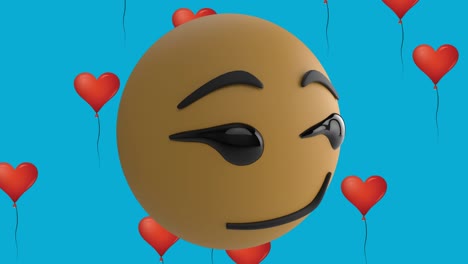 animación del icono de emoji sonriente con iconos de globos de corazón rojo sobre fondo azul