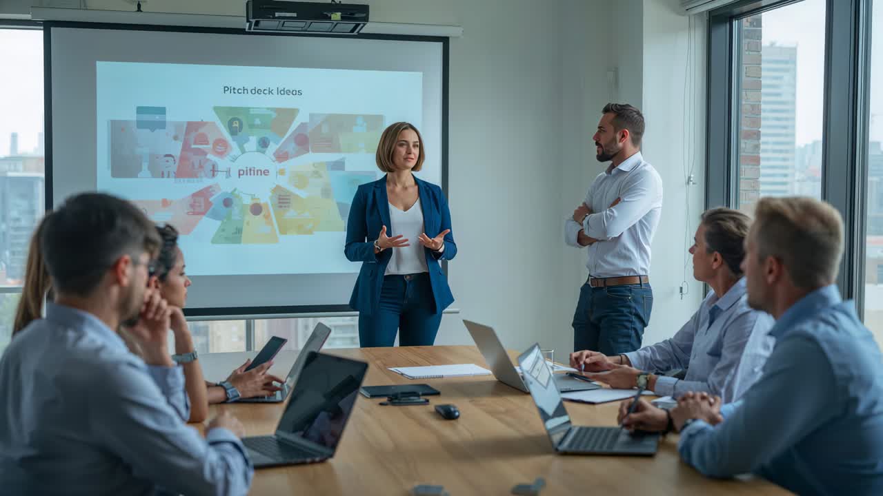 Stepping forward woman presenter in navy blazer, addressing conference room and showing pitch deck