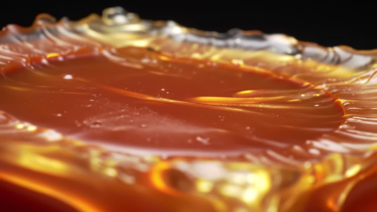 Close-Up Exploration of Gelatinous Surface Revealing Intricate Patterns and Light Reflections, Capturing a Vibrant Orange and Gold Color Palette in Stunning Detail