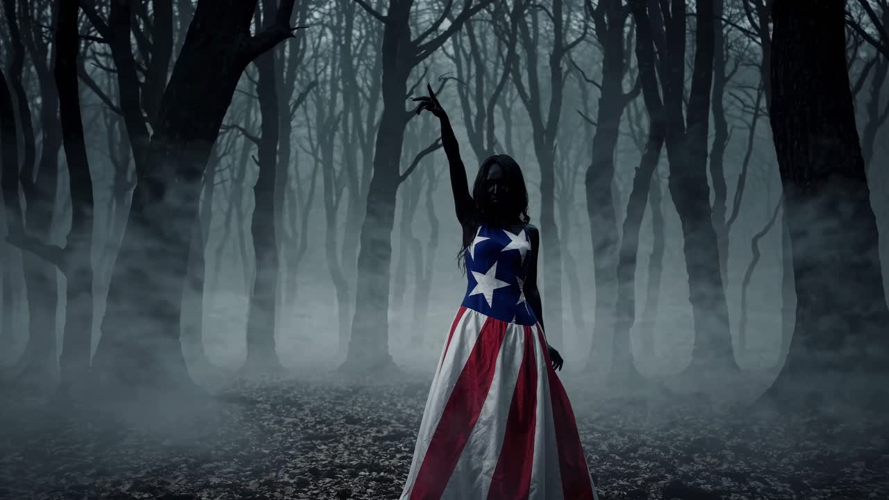 여성 공연자는 애국 발 패턴 드레스를 회전, 그림자 숲을 통해 우아하게 춤을 추고, 안개 숲 지형 속에서 괴롭히는 에테리얼 움직임을 드러니다.